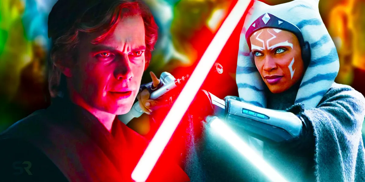 Hayden Christensen as Anakin Skywalker with Sith eyes in the Ahsoka show to the left and Rosario Dawson as Ahsoka Tano in the Ahsoka show to the right