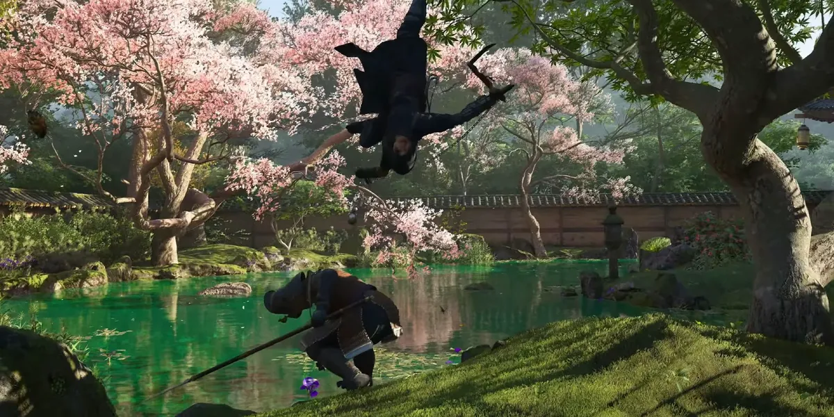 Naoe doing a backflip in Assassin's Creed Shadows
