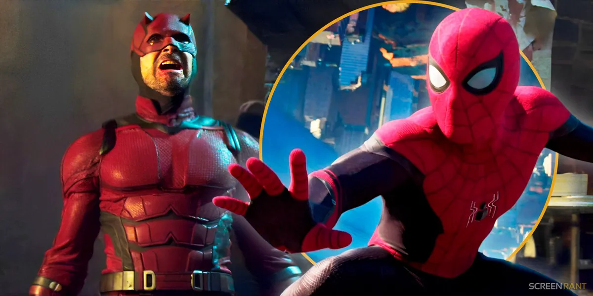 Charlie Cox shouting as Daredevil with Tom Holland's Spider-Man in mid-fight