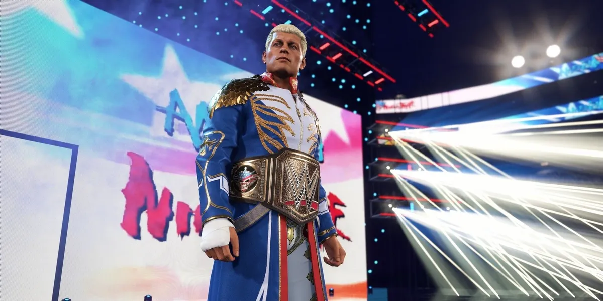 WWE 2k25 Wrestler being introduced with pizzaz.