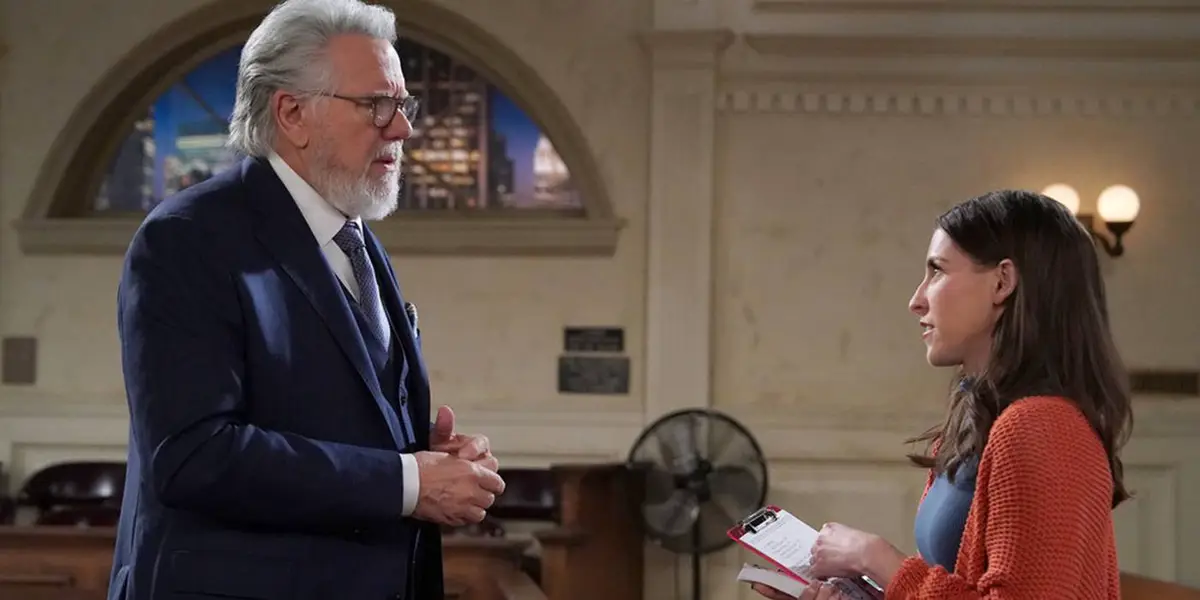 John Larroquette and Eden Sher standing together in Night Court Season 3