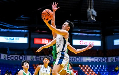 <p><strong>LAYUP.</strong> Justine Garcia of Adamson University goes for a layup during their game against De La Salle Zobel in the UAAP Season 86 boys’ basketball tournament at FilOil EcoOil Centre in San Juan City on Sunday (Jan. 21, 2024). The Baby Falcons prevailed, 74-59, to remain on top at 11-1. <em>(UAAP photo)</em></p>