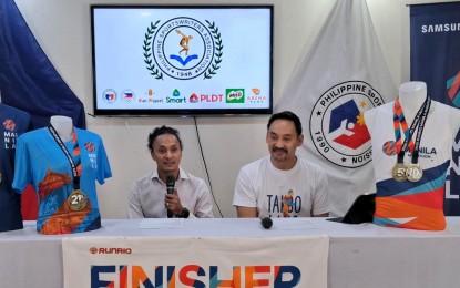 <p><strong>ALL SET.</strong> Run Rio Inc. president Rio Dela Cruz (left) announces the staging of the Manila Marathon as managing director Andrew Neri listens during the Philippine Sportswriters Association (PSA) forum at the conference hall of the Rizal Memorial Sports Complex in Manila on Tuesday (Aug. 5, 2025). The race will be held on Aug. 10 at the SM Mall of Asia Complex. <em>(PNA photo by Jean Malanum)</em></p>