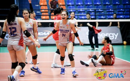 <p><strong>ON TRACK. </strong>Arellano University's Pauline de Guzman reacts after scoring a point during their game against Emilio Aguinaldo College in the NCAA Season 99 women’s volleyball tournament at Filoil EcoOil Centre in San Juan on Friday (May 3, 2024). The Lady Chiefs prevailed, 24-26, 25-17, 25-20, 25-20, to boost their semis campaign. <em>(NCAA photo) </em></p>