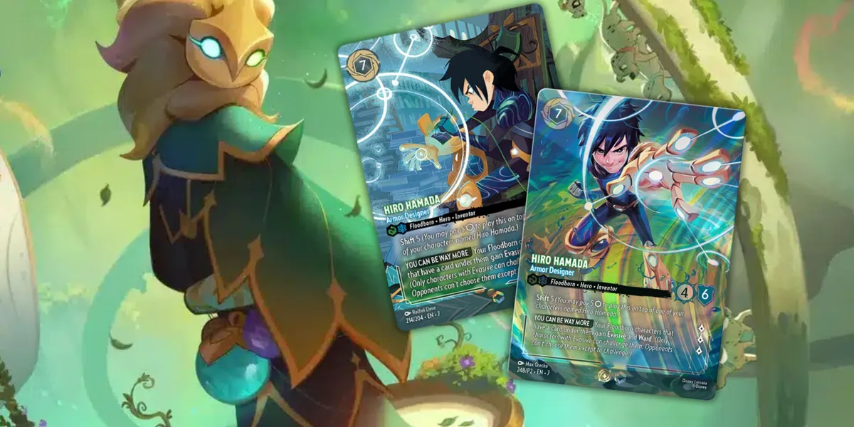 Archazia from Disney Lorcana Archazia's Island looking at two enchanted Hiro Hamada cards
