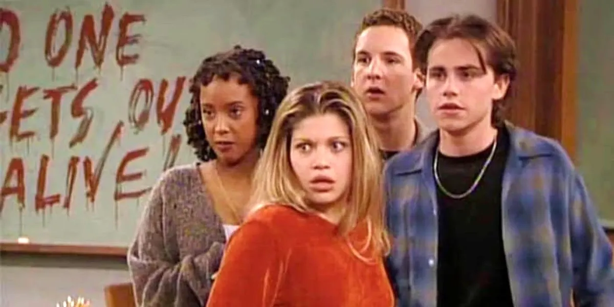 Topanga, Angela, Cory, and Shawn looking concerned in Boy Meets World