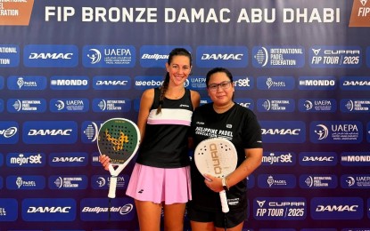 <p><strong>TOP PH BET.</strong> Lawyer Jessica Marie Agra (right) will lead the Filipino campaigners in the FIP Silver Reap Manila at Manila Padel Club in Bonifacio Global City, Taguig on May 21 to 25, 2025. Photo shows Agra with Maria Mayoral Estrada of Spain during the FIP Bronze Damac Abu Dhabi, United Arab Emirates held May 13 to 18. <em>(Contributed photo)</em></p>