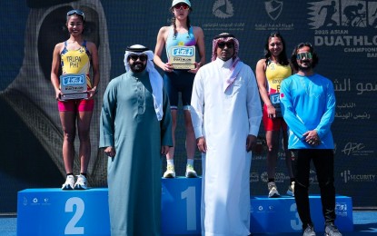 <p><strong>TOP THREE.</strong> Filipinos Joy Trupa and Kim Mangrobang finished second and third, respectively at the Asia Triathlon Duathlon Championships in Manama, Bahrain on Sunday (Feb. 23, 2025). Trupa is among the favorites in the National Age Group Aquathlon and Duathlon Championships in Cavite on March 2 while Mangrobang will not be around. <em>(Photo courtesy of Jolu Ocampo)</em></p>