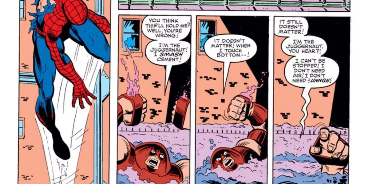 Spider-Man beats the Juggernaut by dropping him in wet concrete