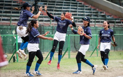 <p><strong>JUBILANT.</strong> Adamson University players celebrate their 6-3 victory over the University of the Philippines in the UAAP Season 87 women's softball tournament at the Rizal Memorial Baseball Stadium in Malate, Manila on Tuesday (April 1, 2025). Adamson needs one more win to claim its 12th straight title. <em>(UAAP photo)</em></p>