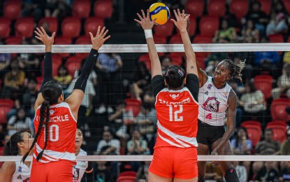<p><strong>WINNING FORM. </strong>Akari import Oly Okaro (No. 4) tries to score against Brooke Anne Van Sickle (left) and Kecelyn Galdones (No. 12) in the Premier Volleyball League Reinforced Conference at the Philsports Arena in Pasig City on July 27, 2024. Okaro will continue to lead the unbeaten Chargers in the crossover preliminary round starting Saturday (Aug. 10). <em>(Photo courtesy of PVL) </em></p>