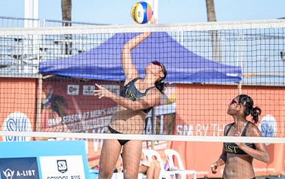 <p><strong>BEACH VOLLEYBALL. </strong>University of Santo Tomas pair Sofiah Pagara and Khylem Progella scored a 2-0 win at the start of the UAAP Season 87 collegiate beach volleyball tournament at the Sands SM By The Bay on Friday (Nov. 15, 2024). Action resumes Saturday at 10 a.m. with six matches. <em>(Contributed photo) </em></p>