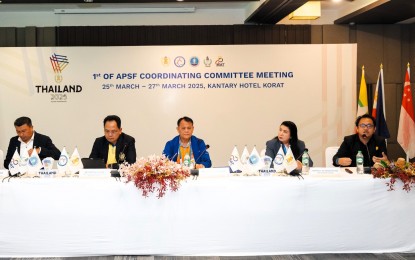 <p><strong>COLLABORATION.</strong> The ASEAN Para Sports Federation and the Thailand Sports Organizing Committee attended the first Coordination Committee meeting on March 25 to 27, 2025 to assess preparations for the 13th ASEAN Para Games. From left are Sports Authority of Thailand Director Sompong Chantree and Deputy Governor for Elite Sports and Sports Science Preecha Laloon; and ASEAN Para Sports Federation President Maj. Gen. Osoth Bhavilai, Secretary General Senior Col. Dr. Wandee Tosuwan and Director for National Paralympic Committee Relations Aryo Moedanton. <em>(Photo courtesy of APSF)</em></p>