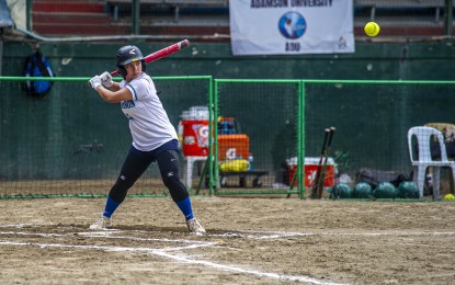 <p><strong>FOCUSED.</strong> Mae Langga of Adamson University gets ready to swing during their UAAP Season 87 softball match against De La Salle University at Rizal Memorial Baseball Stadium in Manila on Saturday (March 29, 2025). Adamson won, 9-0, to complete a sweep of the elimination round en route to the finals. <em>(UAAP photo)</em></p>