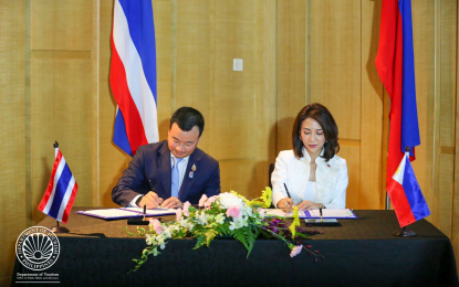 <p><strong>TOURISM COOPERATION.</strong> Thailand Minister of Tourism and Sports Sorawong Thienthong (left) and Tourism Secretary Chritina sign the Implementation Program of the Agreement on Cooperation on Tourism at the Double Tree Hotel in Johor Bahru, Malaysia on Sunday (Jan. 19, 2025). The program aims to drive mutual growth within both nations’ tourism sectors. <em>(Photo courtesy of Department of Tourism)</em></p>