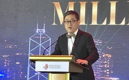 <p><strong>TOURISM BOOM.</strong> HKTB executive director Dane Cheng during the "Juan in a Million" reception at Shangri-La The Fort on Wednesday night (Feb. 5, 2025). It celebrates the one millionth Filipino tourist to Hong Kong. <em>(PNA photo by Joyce Rocamora)</em></p>