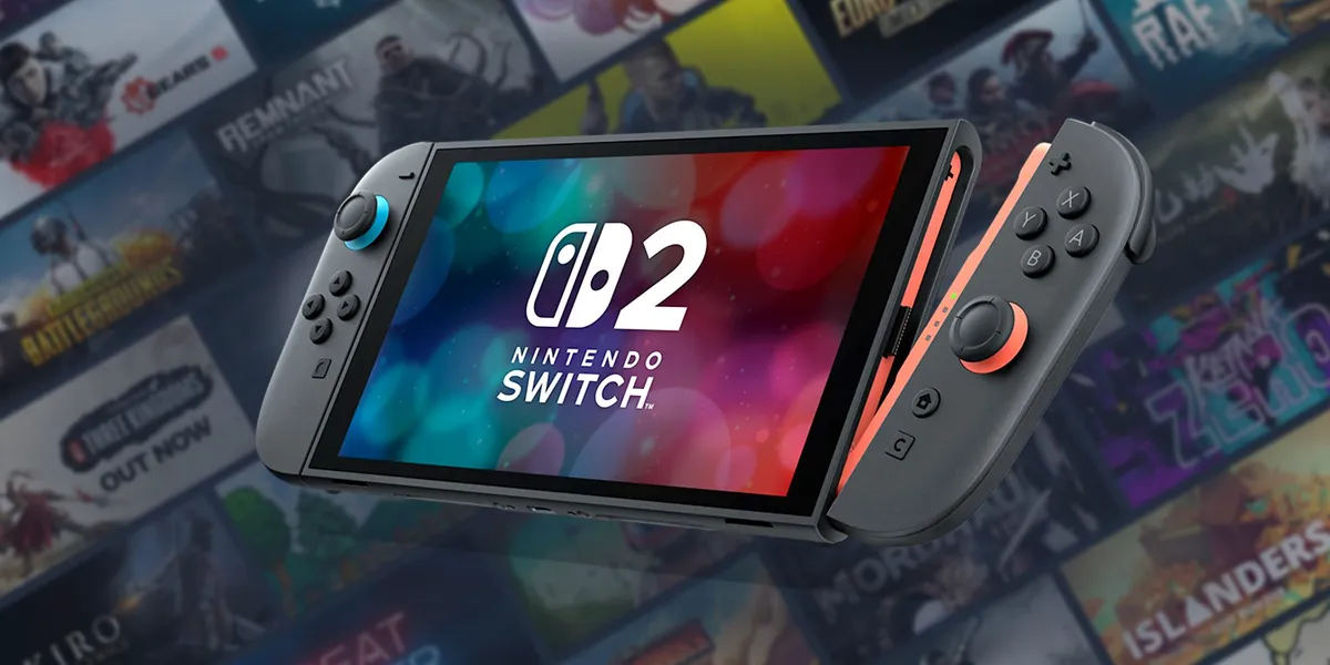Nintendo Switch 2 in front of a Steam Library grid