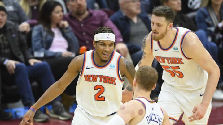 Mar 3, 2024; Cleveland, Ohio, USA; New York Knicks guard Miles McBride (2) celebrates his Mar 3, 2024; Cleveland, Ohio, USA; New York Knicks guard Miles McBride (2) celebrates his