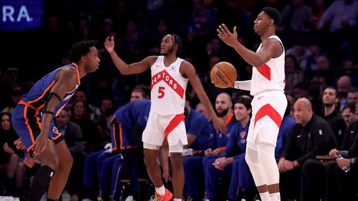 Jan 20, 2024; New York, New York, USA; Toronto Raptors guard RJ Barrett (9) controls the ball with Jan 20, 2024; New York, New York, USA; Toronto Raptors guard RJ Barrett (9) controls the ball with
