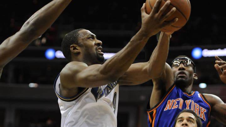 Dec 10, 2010; Washington, DC, USA; Washington Wizards point guard Gilbert Arenas (9) drives to the Dec 10, 2010; Washington, DC, USA; Washington Wizards point guard Gilbert Arenas (9) drives to the