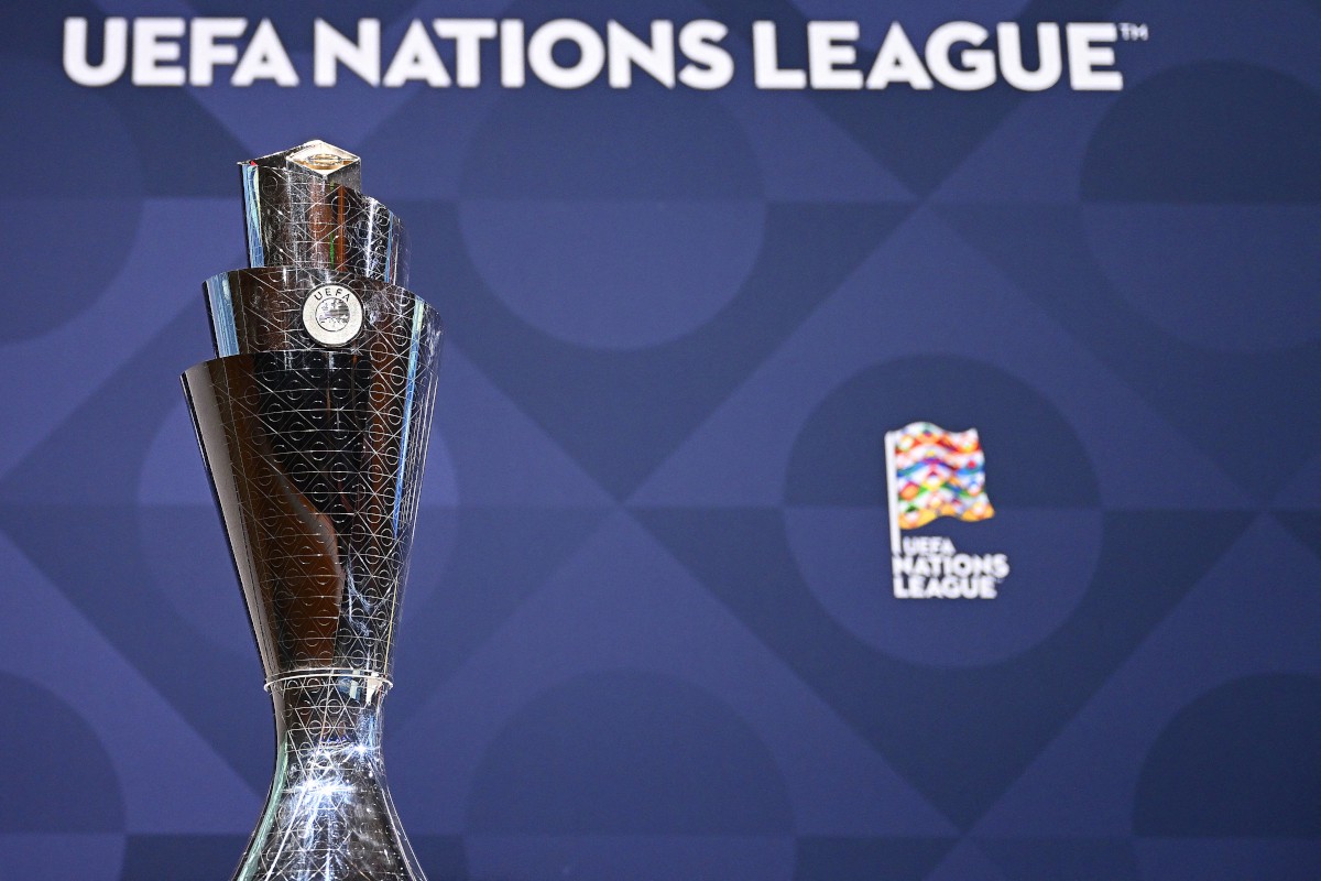 The UEFA Nations League trophy is displayed prior to the start of the 2023 UEFA Nations League football finals draw in Nyon, Switzerland, on January 25, 2023. The draw determines the semi-final pairings for the four-team 2023 UEFA Nations League football finals in Rotterdam and Enschede, as semi-finals will be played on June 14 and June 15, 2023, with the third-place play-off and final both on June 18, 2023. (Photo by Fabrice COFFRINI / AFP) (Photo by FABRICE COFFRINI/AFP via Getty Images) (Italy) San Marino