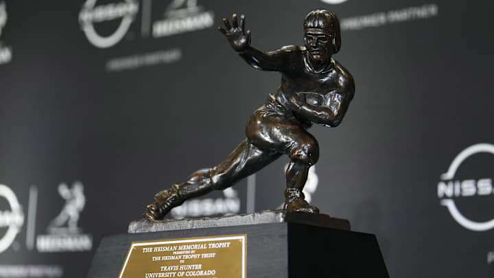 Dec 14, 2024; New York, NY, USA; A general view of the 2024 Heisman Trophy awarded to Colorado Buffaloes wide receiver/cornerback Travis Hunter during the 2024 Heisman Trophy Presentation. Mandatory Credit: Lucas Boland-Imagn Images Dec 14, 2024; New York, NY, USA; A general view of the 2024 Heisman Trophy awarded to Colorado Buffaloes wide receiver/cornerback Travis Hunter during the 2024 Heisman Trophy Presentation. Mandatory Credit: Lucas Boland-Imagn Images