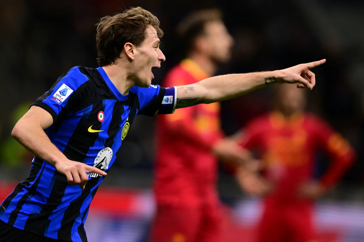 Inter midfielder Nicolo Barella celebrates scoring his team's second goal during the Italian Serie A football match between Inter Milan and Lecce at the 