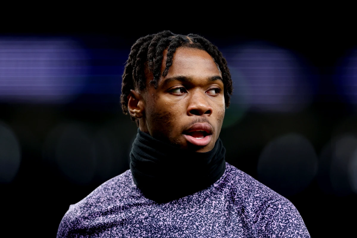 LONDON, ENGLAND - JANUARY 31: Destiny Udogie of Tottenham Hotspur looks on as he warms up prior to the Premier League match between Tottenham Hotspur and Brentford FC at Tottenham Hotspur Stadium on January 31, 2024 in London, England. (Photo by Alex Pantling/Getty Images)
