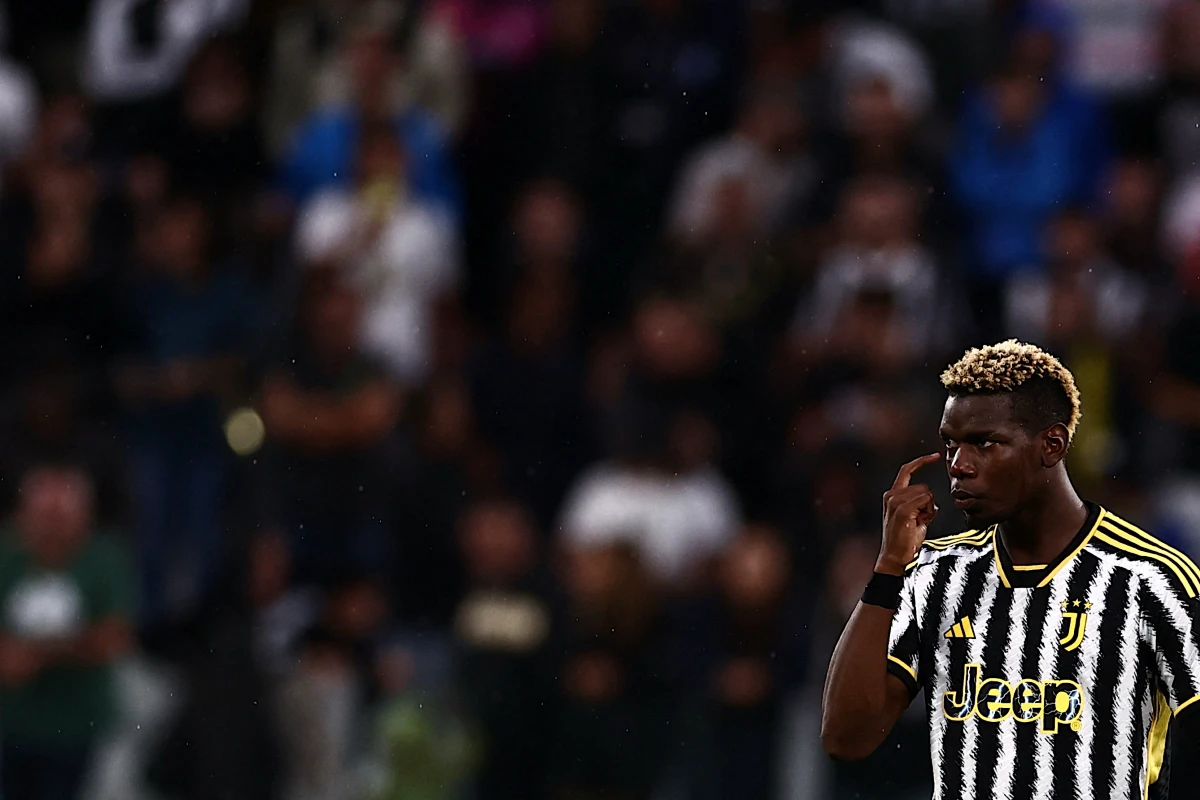 Juventus midfielder Paul Pogba gestures during the Italian Serie A football match Juventus vs Bologna on August 27, 2023 at the 