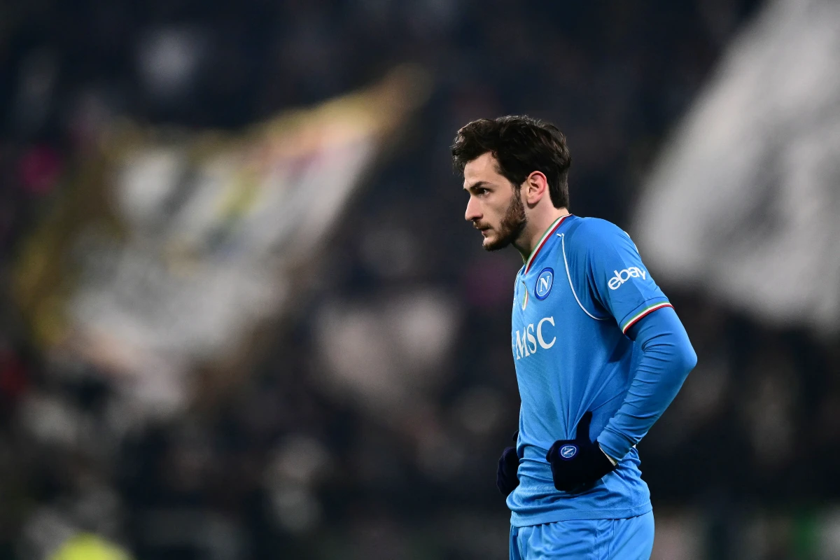 Napoli forward Khvicha Kvaratskhelia looks on during the Italian Serie A football match between Juventus and Napoli, at The Allianz Stadium, in Turin on December 8, 2023. (Photo by Marco BERTORELLO / AFP) (Photo by MARCO BERTORELLO/AFP via Getty Images)