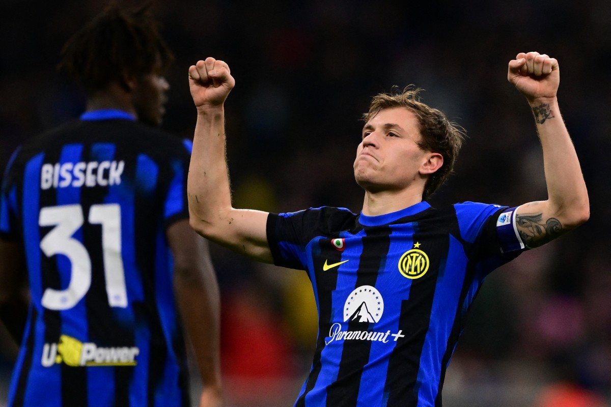 Inter midfielder Nicolo Barella celebrates scoring his team's second goal during the Italian Serie A football match between Inter Milan and Lecce at the 