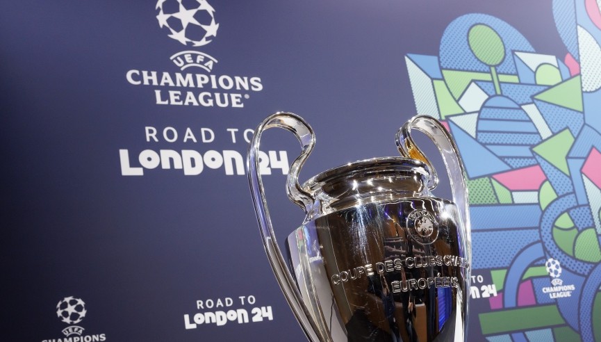 The UEFA Champions League trophy pictured during the draw ceremony for the UEFA Champions League Round of 16 fixtures in Nyon, Switzerland, 18 December 2023. EPA-EFE/SALVATORE DI NOLFI