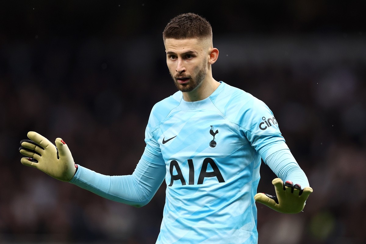 LONDON, ENGLAND - FEBRUARY 10: Guglielmo Vicario goalkeeper of Spurs reacts during the Premier League match between Tottenham Hotspur and Brighton & Hove Albion at Tottenham Hotspur Stadium on February 10, 2024 in London, England. (Photo by Julian Finney/Getty Images)