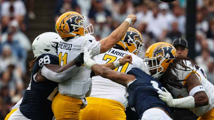 JD Sherrod #11 of the Kent State Golden Flashes is hit by Zane Durant #28 of the Penn State Nittany Lions as he attempts a pass during the first half at Beaver Stadium on September 21, 2024 in State College, Pennsylvania. JD Sherrod #11 of the Kent State Golden Flashes is hit by Zane Durant #28 of the Penn State Nittany Lions as he attempts a pass during the first half at Beaver Stadium on September 21, 2024 in State College, Pennsylvania.