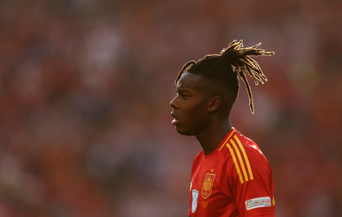 BERLIN, GERMANY - JUNE 15: Nico Williams of Spain looks on during the UEFA EURO 2024 group stage match between Spain and Croatia at Olympiastadion on June 15, 2024 in Berlin, Germany. (Photo by Julian Finney/Getty Images)