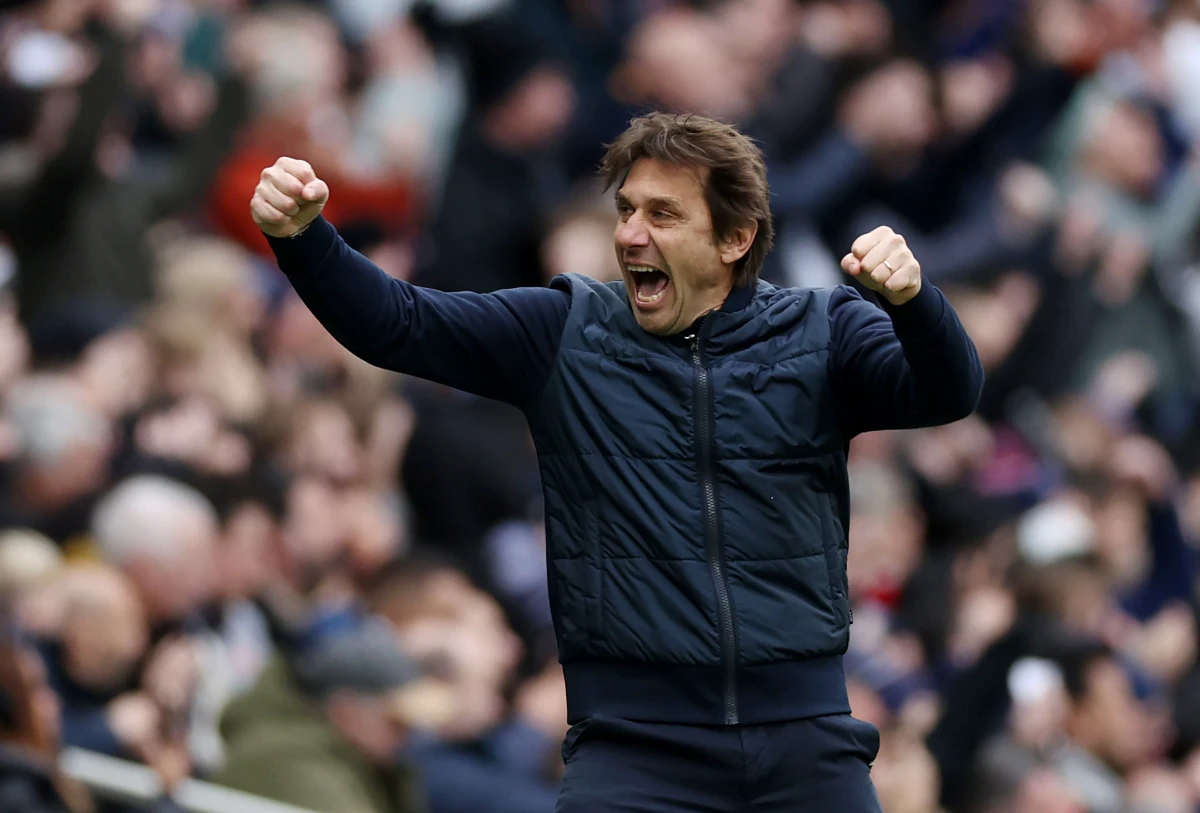 LONDON, ENGLAND - MARCH 11: Chelsea target Antonio Conte, Manager of Tottenham Hotspur, celebrates after their sides second goal during the Premier League match between Tottenham Hotspur and Nottingham Forest at Tottenham Hotspur Stadium on March 11, 2023 in London, England. (Photo by Catherine Ivill/Getty Images)