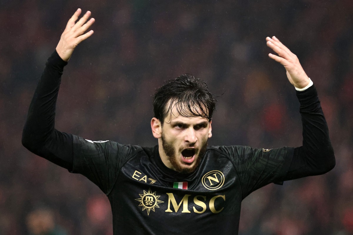 epa10937131 Napoli's Khvicha Kvaratskhelia reacts during the UEFA Champions League Group C soccer match between Union Berlin and SSC Napoli in Berlin, Germany, 24 October 2023. EPA-EFE/Clemens Bilan