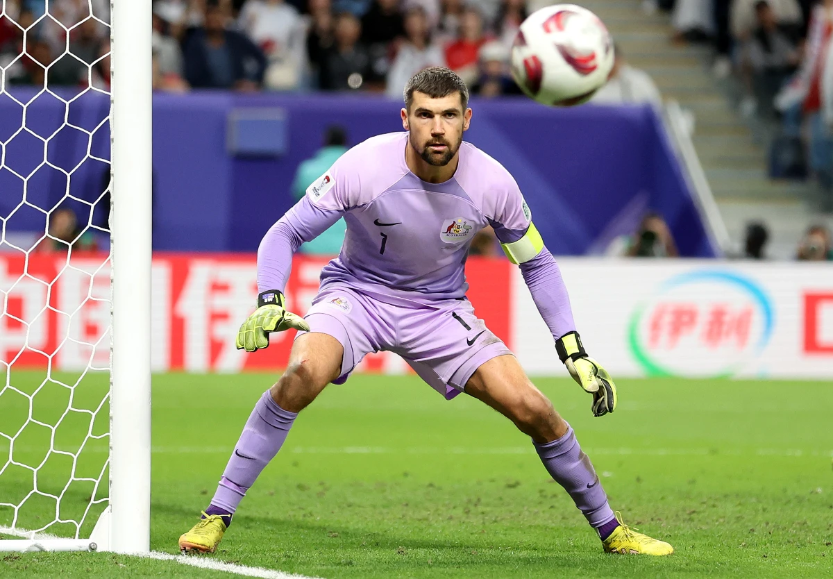 AL WAKRAH, QATAR - FEBRUARY 02: Mathew Ryan of Australia during the AFC Asian Cup quarter final match between Australia and South Korea at Al Janoub Stadium on February 02, 2024 in Al Wakrah, Qatar. (Photo by Robert Cianflone/Getty Images)