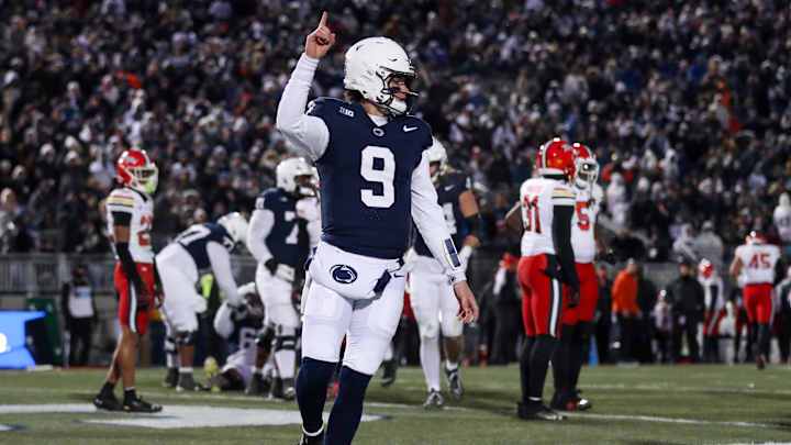 Nov 30, 2024; University Park, Pennsylvania, USA; Penn State Nittany Lions quarterback Beau Pribula (9) celebrates after scoring a touchdown against the Maryland Terrapins during the second quarter at Beaver Stadium. Mandatory Credit: Matthew O'Haren-Imagn Images Nov 30, 2024; University Park, Pennsylvania, USA; Penn State Nittany Lions quarterback Beau Pribula (9) celebrates after scoring a touchdown against the Maryland Terrapins during the second quarter at Beaver Stadium. Mandatory Credit: Matthew O'Haren-Imagn Images