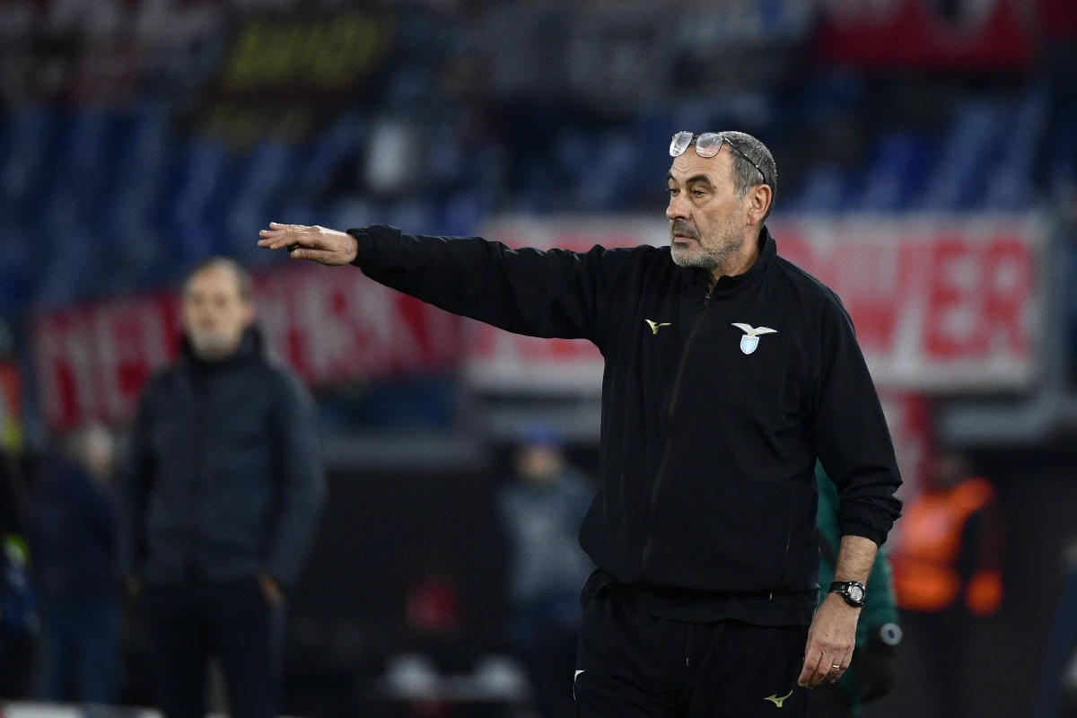 Lazio's Italian headcoach Maurizio Sarri gestures during the UEFA Champions League last 16 first leg between Lazio and Bayern Munich at the Olympic stadium on February 14, 2024 in Rome. (Photo by Filippo MONTEFORTE / AFP) (Photo by FILIPPO MONTEFORTE/AFP via Getty Images)
