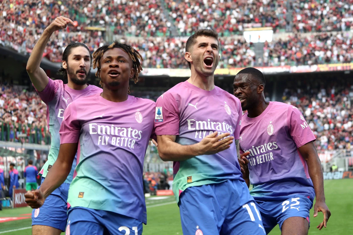MILAN, ITALY - APRIL 06: Christian Pulisic of AC Milan celebrates scoring his team's first goal with teammate Samuel Chukwueze during the Serie A TIM match between AC Milan and US Lecce - Serie A TIM at Stadio Giuseppe Meazza on April 06, 2024 in Milan, Italy. (Photo by Marco Luzzani/Getty Images) (Photo by Marco Luzzani/Getty Images)