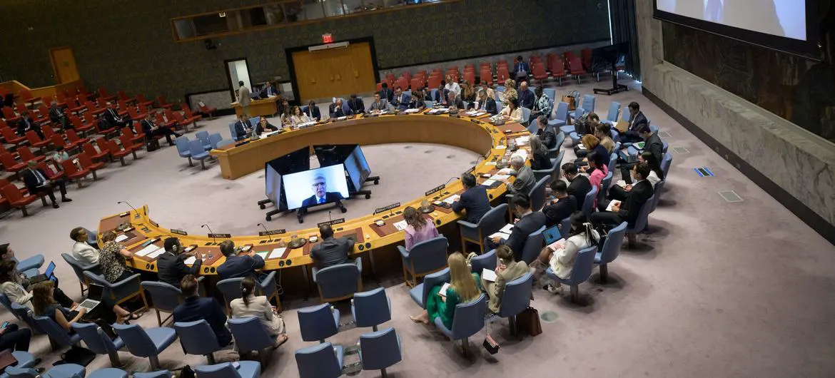 ASG Miroslav Jenča (on screen) briefs the Security Council meeting on the maintenance of peace and security of Ukraine. ASG Miroslav Jenča (on screen) briefs the Security Council meeting on the maintenance of peace and security of Ukraine.