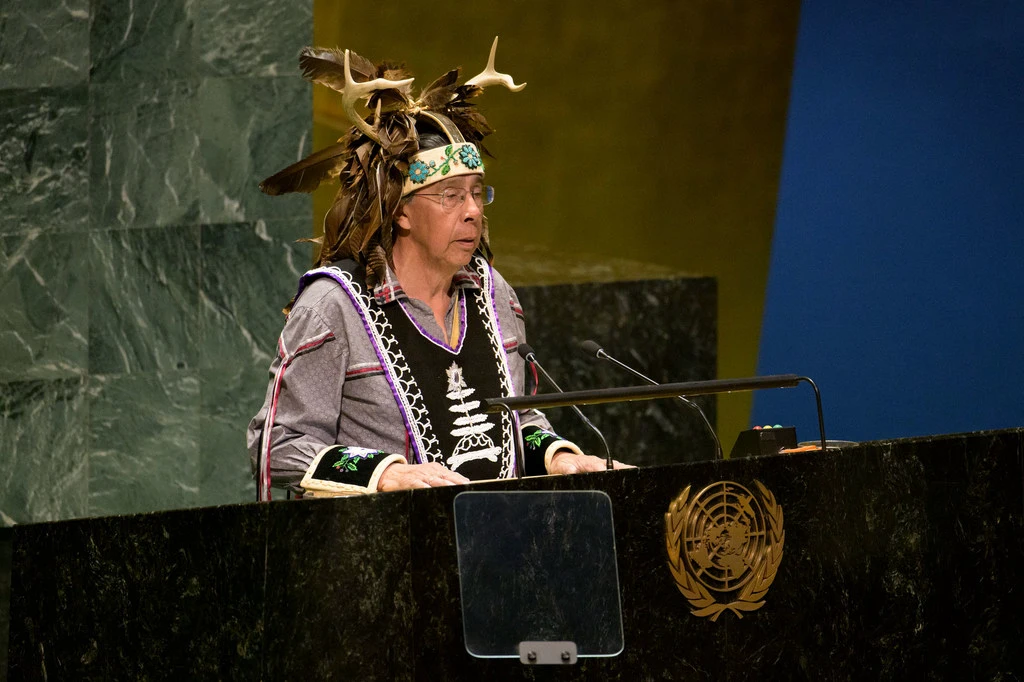 Chief Tadodaho Sidney Hill of the Onondaga Nation performs a traditional welcome at the opening of the 23rd Session of Permanent Forum on Indigenous Issues. Chief Tadodaho Sidney Hill of the Onondaga Nation performs a traditional welcome at the opening of the 23rd Session of Permanent Forum on Indigenous Issues.