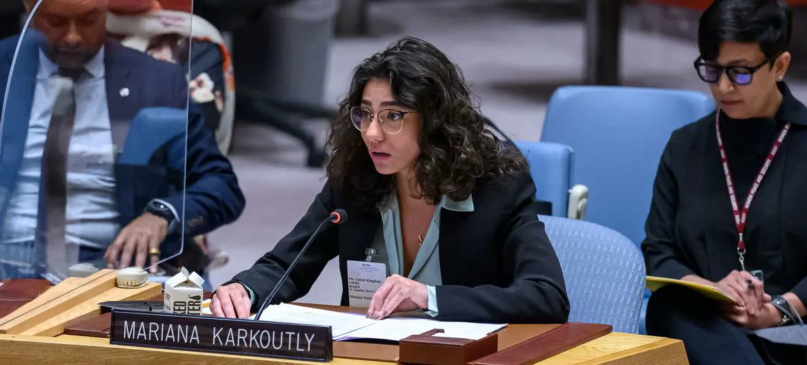 Mariana Karkoutly, Co-Founder of Huquqyat, briefs UN Security Council meeting on women and peace and security. Mariana Karkoutly, Co-Founder of Huquqyat, briefs UN Security Council meeting on women and peace and security.