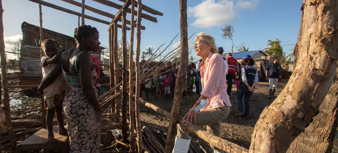 UN Resident Coordinator Myrta Kaulard talks with people affected by Cyclone Freddy in Quelimane, Zambezia province, Mozambique. Freddy, the highest energy-producing tropical cyclone ever recorded worldwide, hit the country twice in the beginning of 2023. UN Resident Coordinator Myrta Kaulard talks with people affected by Cyclone Freddy in Quelimane, Zambezia province, Mozambique. Freddy, the highest energy-producing tropical cyclone ever recorded worldwide, hit the country twice in the beginning of 2023.