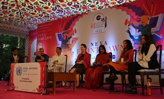 The session on climate emergency at Jaipur Literature Festival. (L to R) Mr. Sameer Saran, moderator and president of Observer Research Foundation; Mr. Apoorva Oza, chief executive officer of Aga Khan Rural Support Programme (India); Mr. Sonam Wangchuk, The session on climate emergency at Jaipur Literature Festival. (L to R) Mr. Sameer Saran, moderator and president of Observer Research Foundation; Mr. Apoorva Oza, chief executive officer of Aga Khan Rural Support Programme (India); Mr. Sonam Wangchuk,