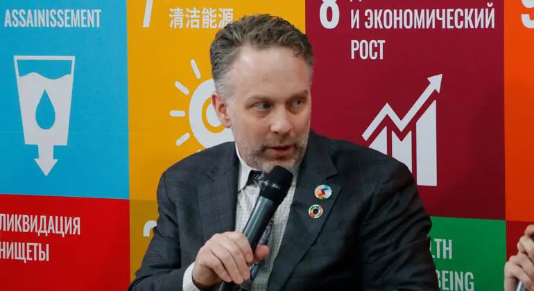 Justin Spelhaug, Vice President & Global Head - Tech for Social Impact, Microsoft Philanthropies, at the SDG Media Zone for the Fifth UN Conference on the Least Developed Countries (LDC5) in Doha, Qatar.