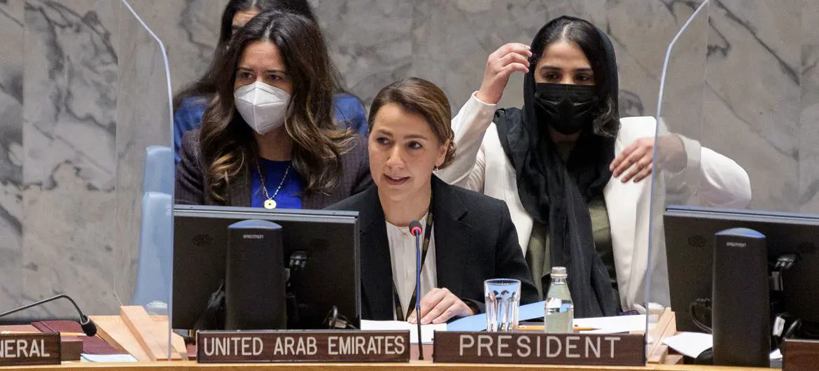 Mariam Al Mheiri, Minister for Climate Change and Environment of the United Arab Emirates and Security Council President for the month of March, chairs a meeting on women and peace and security. Mariam Al Mheiri, Minister for Climate Change and Environment of the United Arab Emirates and Security Council President for the month of March, chairs a meeting on women and peace and security.