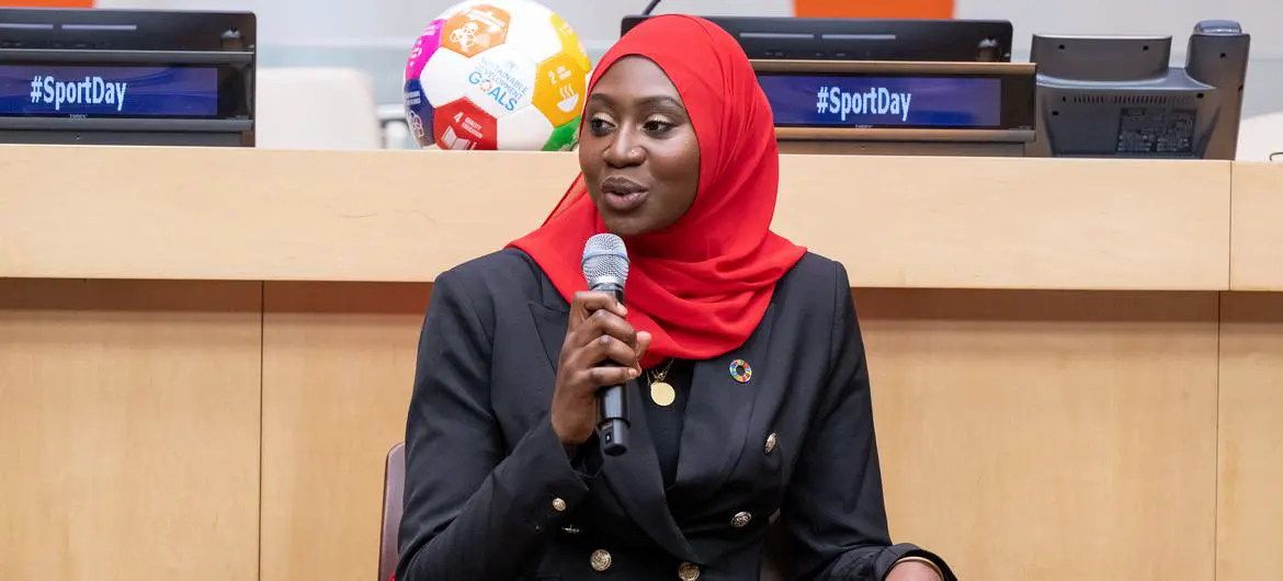 Professional basketball player, Batouly Camara, speaks during the International Day of Sport for Development and Peace 2023 at UN headquarters.