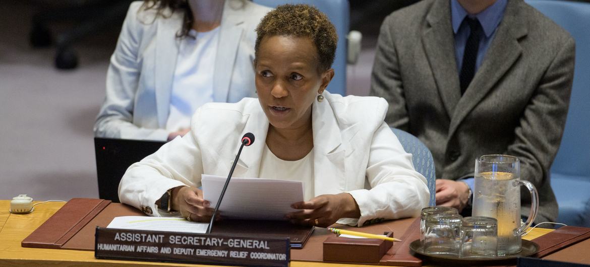 Joyce Msuya, UN Deputy Emergency Relief Coordinator, briefs the Security Council meeting on maintenance of peace and security of Ukraine. Joyce Msuya, UN Deputy Emergency Relief Coordinator, briefs the Security Council meeting on maintenance of peace and security of Ukraine.